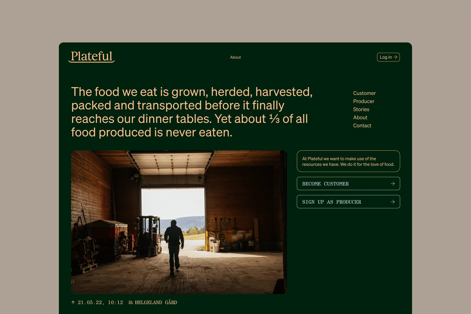 Website landing page for Plateful featuring a person walking toward the light in a warehouse; minimal design on a green and beige theme.