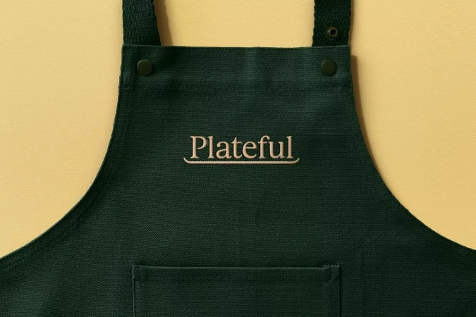 Close-up studio shot of a dark green apron with the word 'Plateful' embroidered on the front, against a pale yellow background.