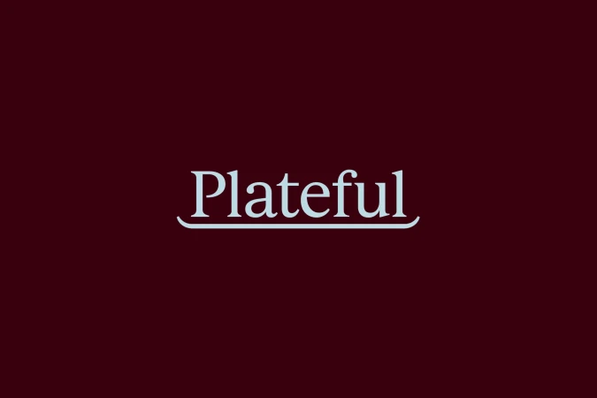Plateful brand identity logo centered on a dark burgundy background with a white underline element