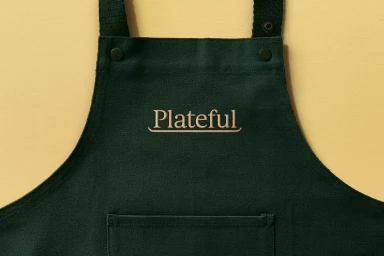 Dark green canvas apron with the embroidered text Plateful across the chest against a neutral beige background