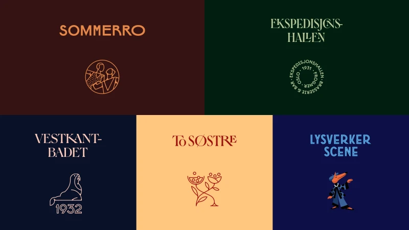 Collection of six logo designs featuring typographic elements and minimalist illustrations in a square format on a dark background.