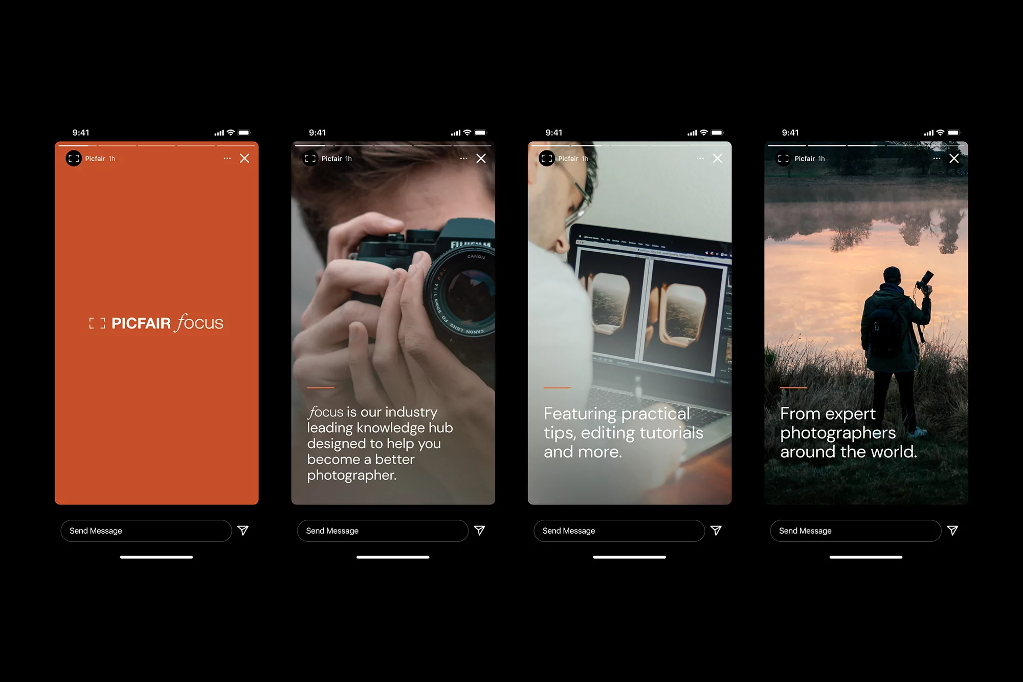 Four screen captures of mobile devices show photography tips and inspiration from PICFAIR, featuring images of photographers and nature.