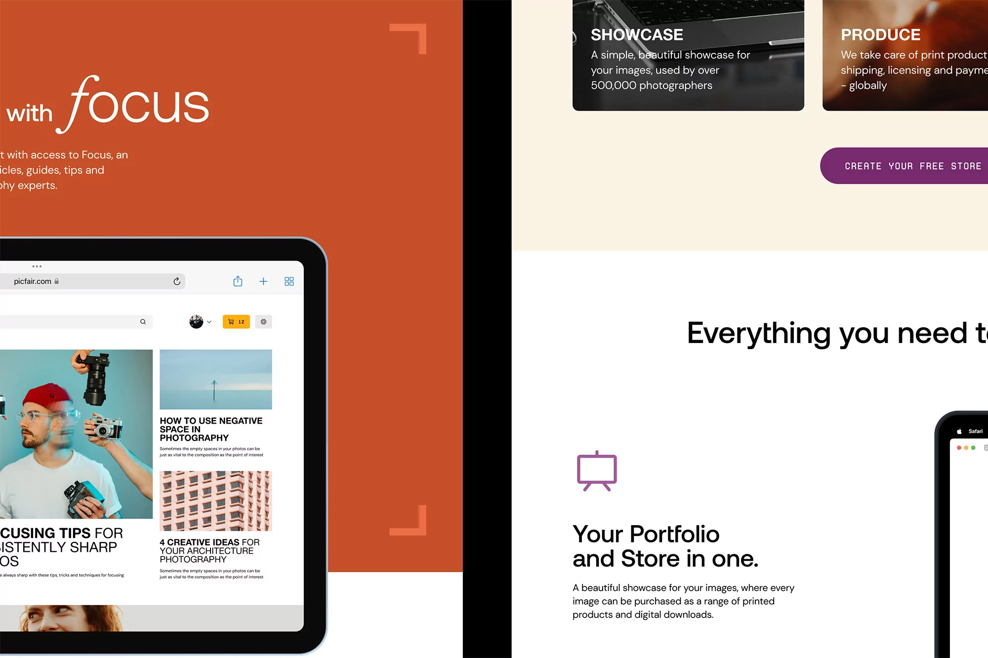 Website interface featuring photography tips, portfolio, store, and image showcase on a tablet with a clean, modern design and layout.