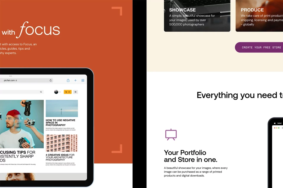 Website interface featuring photography tips, portfolio, store, and image showcase on a tablet with a clean, modern design and layout.