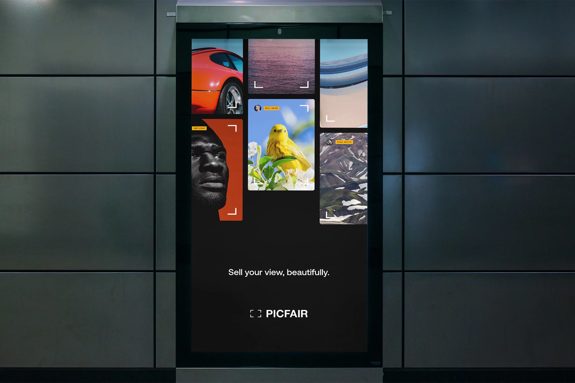 Digital display featuring images of an orange sportscar, bird, man's face, and landscapes with Picfair logo in a modern setting.
