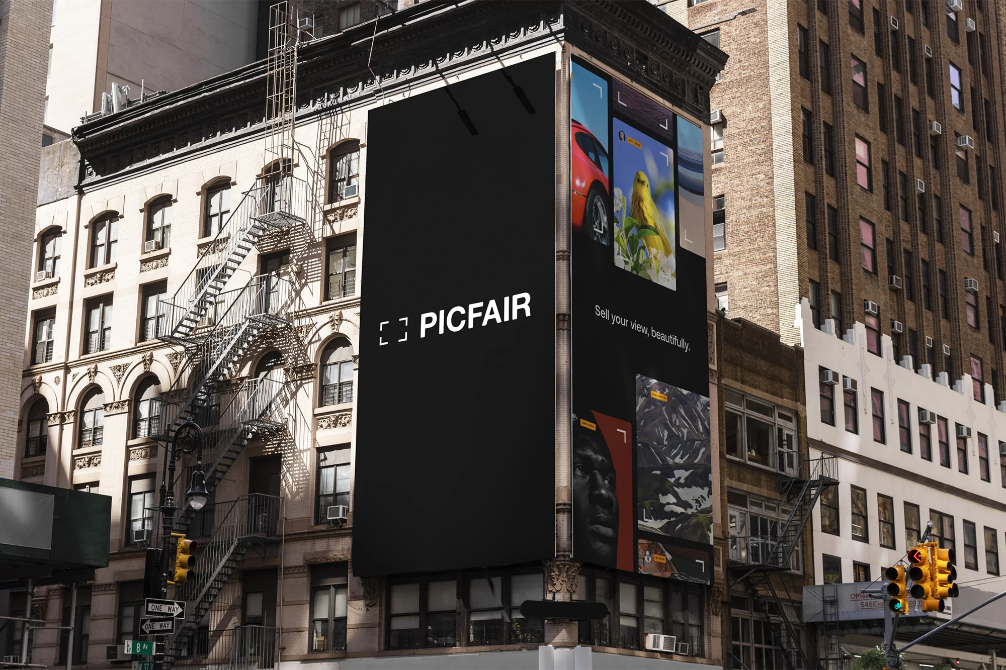 Building advertisement featuring images of a car, a bird, and a portrait on a modern building in an urban environment.