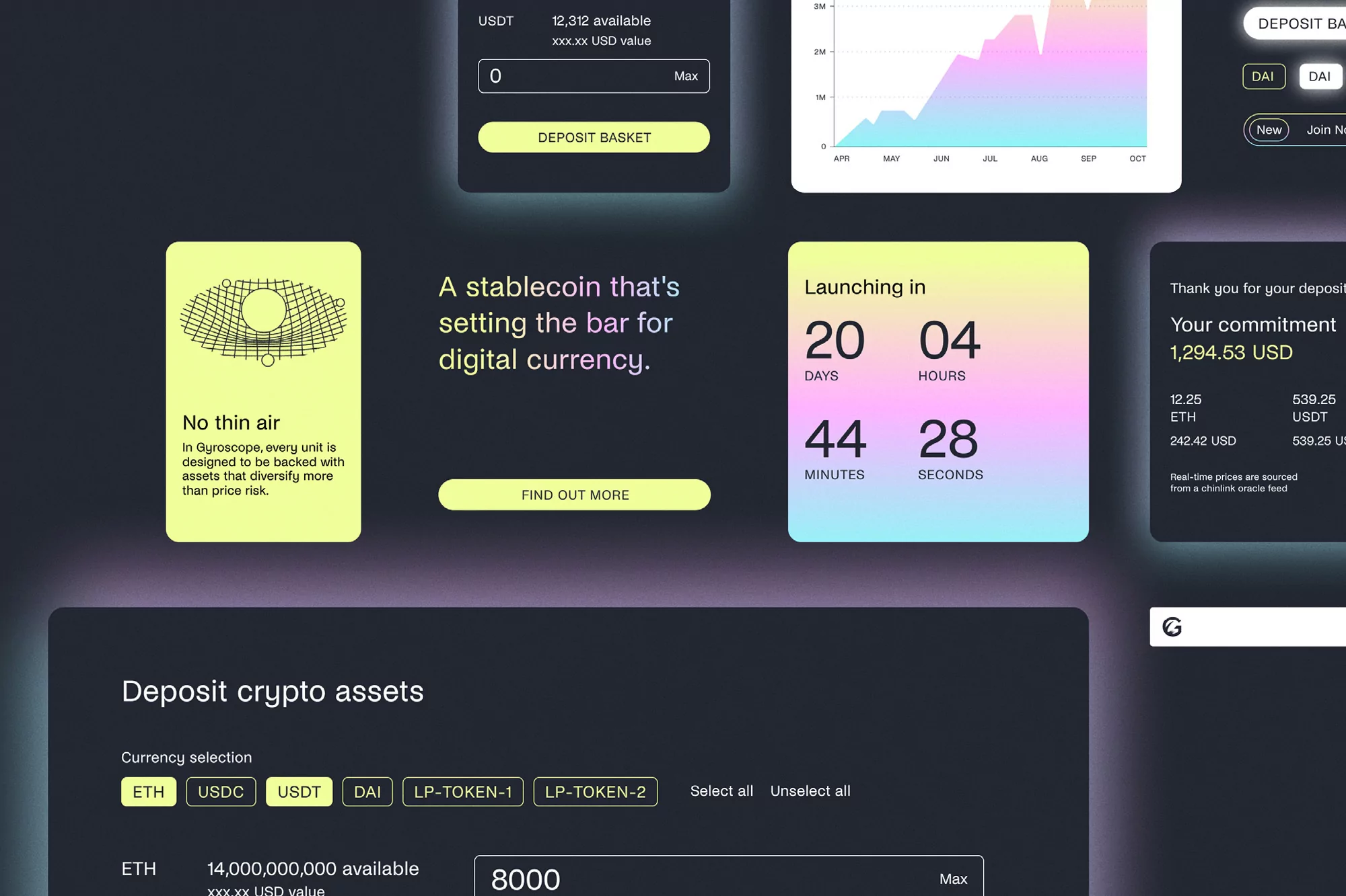 Digital cryptocurrency platform interface with graphs, deposit options, timers, and data displays a modern, financial technology design.