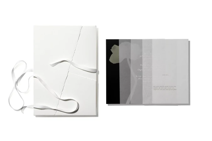 White textured folder with white ribbon and a booklet featuring layered translucent pages against a plain white background.