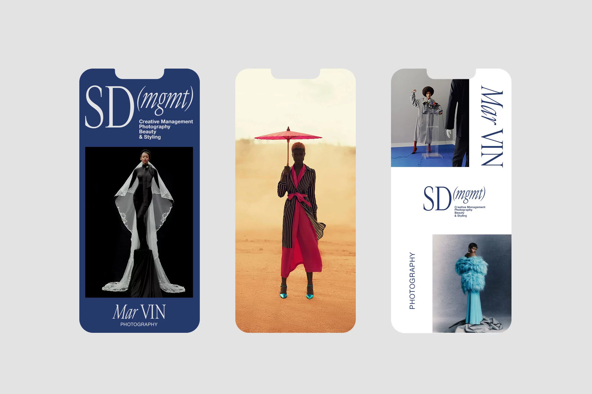 Three phone mockups display fashion photography by Mar Vin, featuring runway and outdoor editorial shots with diverse models and stylish outfits.