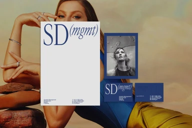Brand identity showcase for SD MGMT featuring stationery and prints against a portrait background.