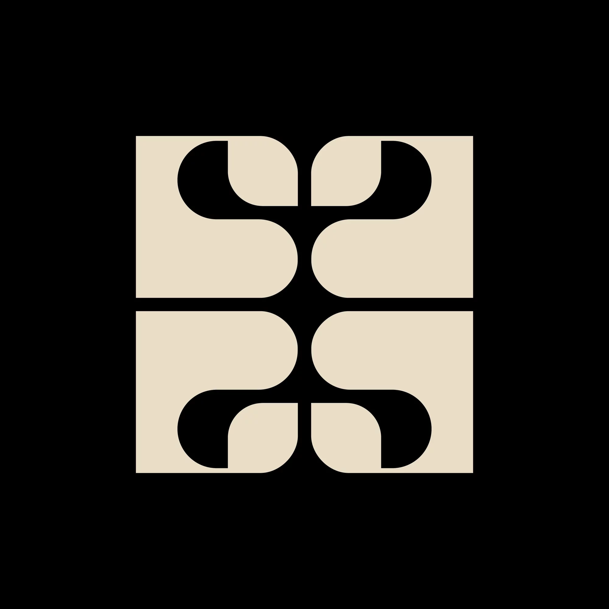 Abstract geometric design in beige color, featuring rounded shapes arranged symmetrically on a square with black background.