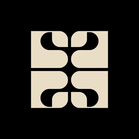 Abstract geometric design in beige color, featuring rounded shapes arranged symmetrically on a square with black background.