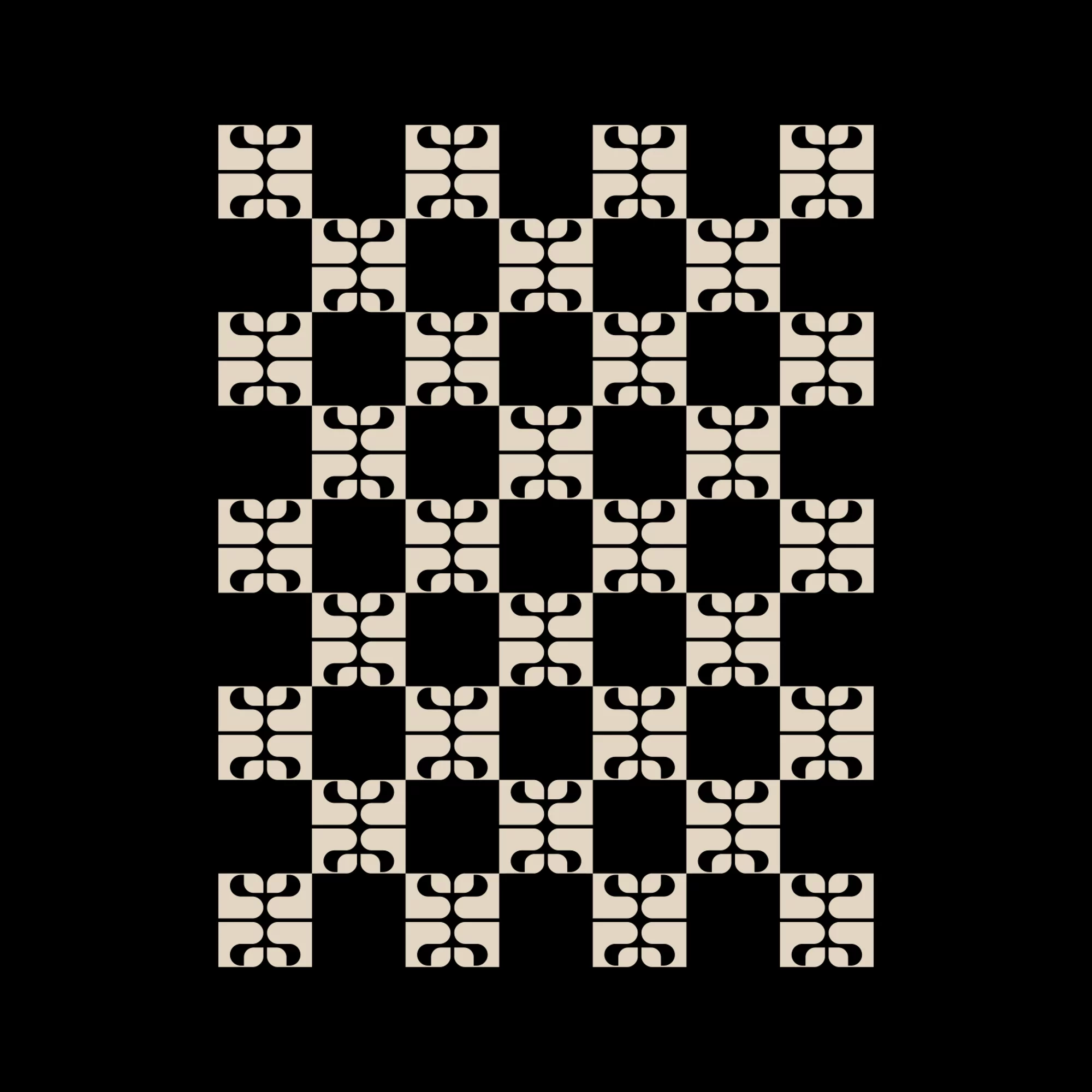 Monochrome brand identity pattern featuring geometric cream motifs arranged in a repeating grid on a solid black background.