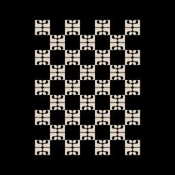 Monochrome brand identity pattern featuring geometric cream motifs arranged in a repeating grid on a solid black background.