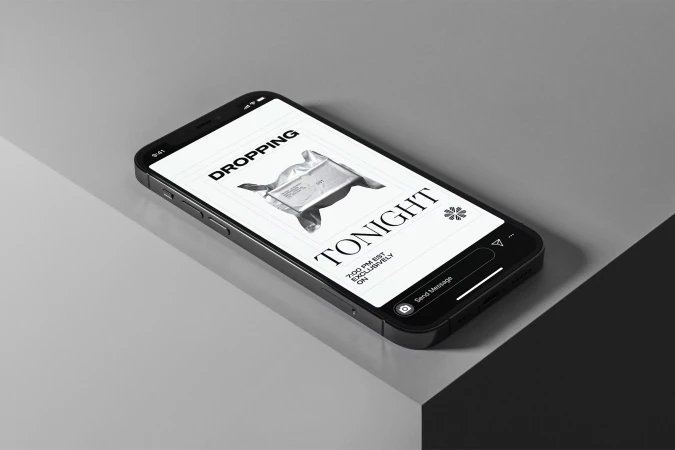 Black smartphone displaying ad of silver wrapped product and typography “Dropping Tonight,” rests on stepped grey surface.