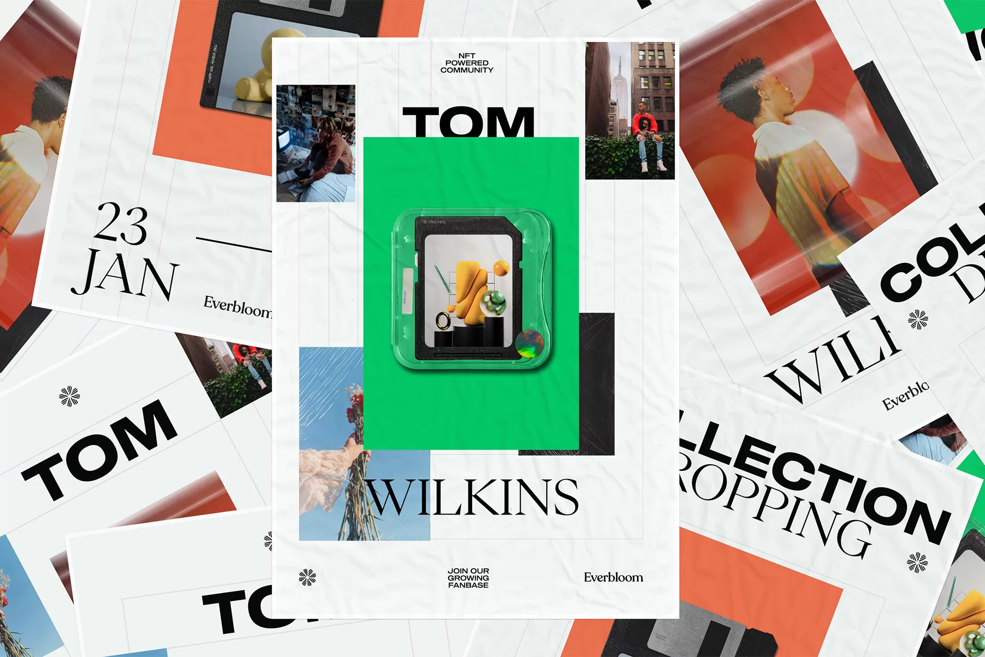 Creative collage featuring NFT art in a translucent green frame, set on a backdrop of crumpled white posters with bold typography.