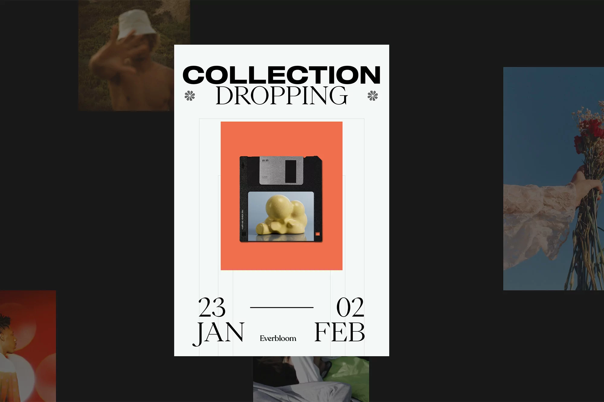 Image of floppy disk with clay sculpture, art poster. Collection dropping January 23 - February 2. Modern art advertisement.