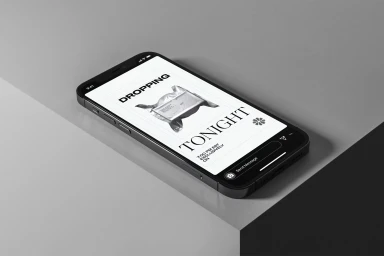 Smartphone displaying a graphic design mockup on screen resting diagonally on a minimal grey studio surface.