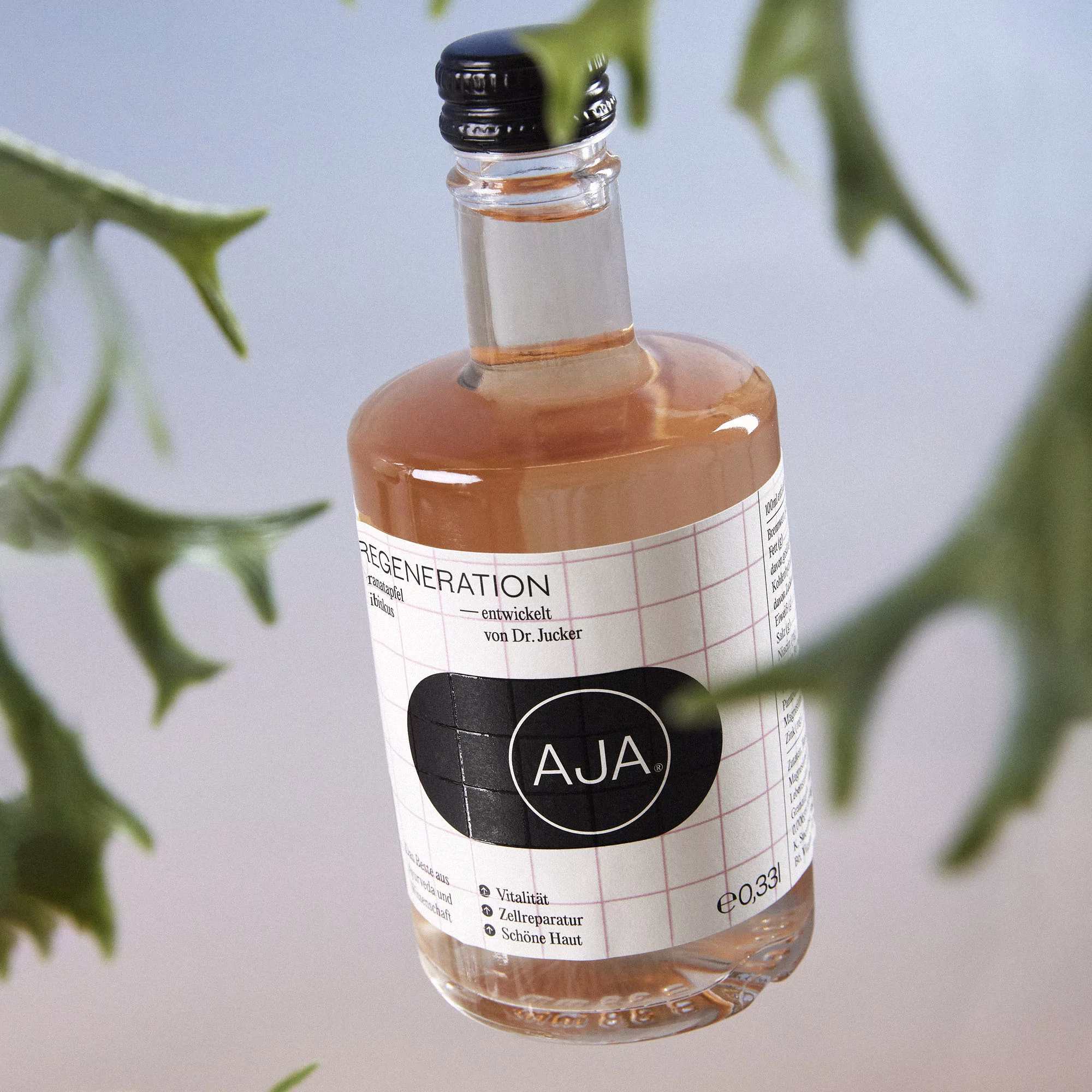 Close-up of a clear glass bottle with a black cap and label featuring the letters 'AJA,' surrounded by out-of-focus green foliage.
