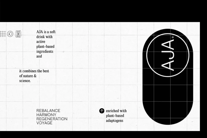 Graphic design featuring the AJA soft drink logo, textual product information, and brand keywords against a white grid backdrop.