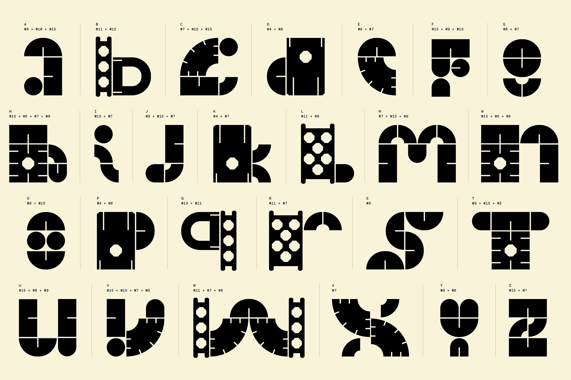 Alphabet graphic featuring geometric shapes in black on beige background, resembling architectural forms and playful design.