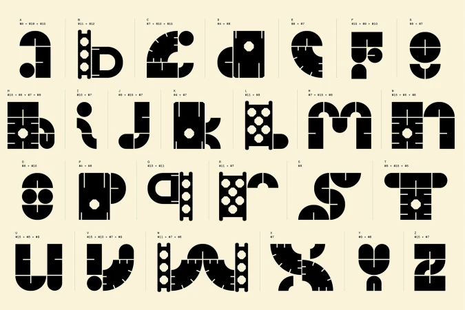 Alphabet graphic featuring geometric shapes in black on beige background, resembling architectural forms and playful design.