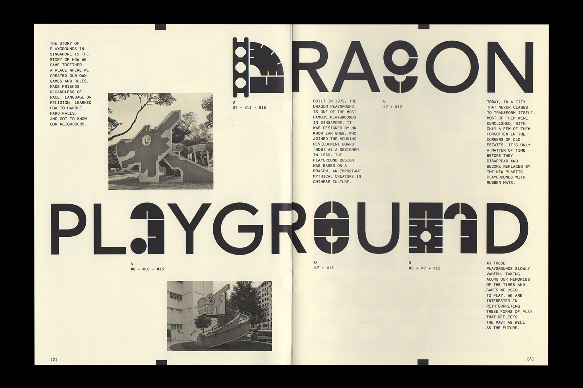 Page from a publication featuring photos of old dragon-themed playgrounds in Singapore, with large typography and descriptive text.