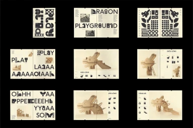 Grid of nine printed pages showing modular cardboard dragon playground design, typography, and layout spreads against black background.