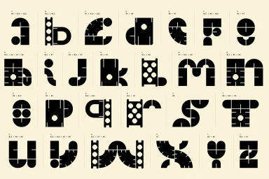 Custom alphabet typography showcasing black geometric modular letterforms arranged on a light cream background