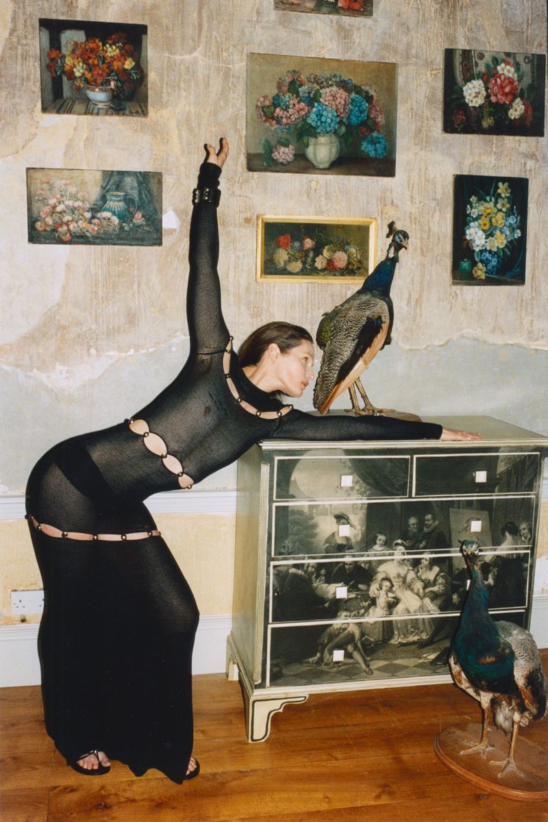 Fashion shot of a woman in a long, sheer black dress, leaning on a painted dresser, with mounted peacocks and floral art on the wall.