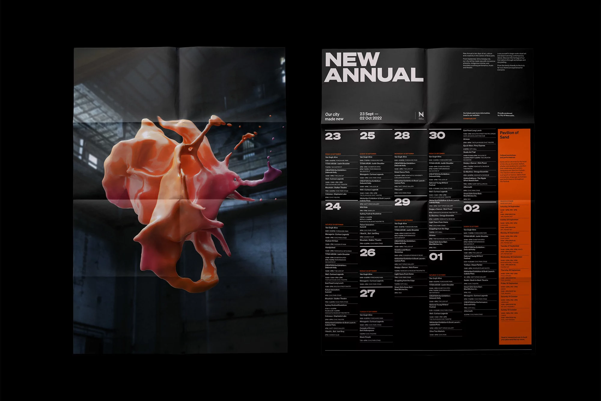 Graphic design poster featuring an abstract orange and pink paint splash suspended in front of a dark industrial backdrop, with event calendar.
