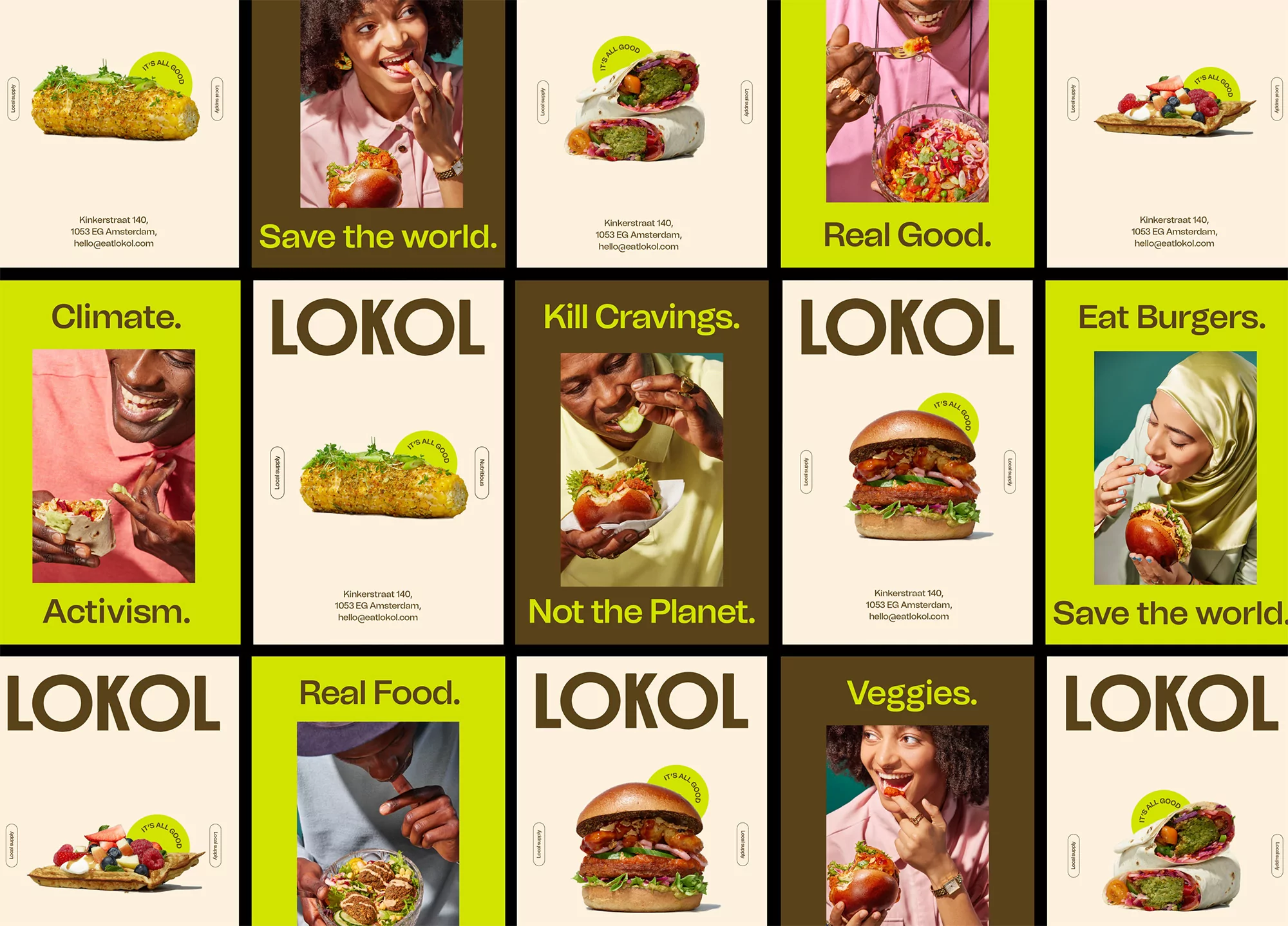 Collage of nine food ads for Lokol featuring a diverse group of people eating various dishes, set against a neutral backdrop.