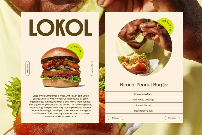 Promotional image featuring Lokol brand's vegan burger and Kimchi Peanut Burger, along with product descriptions, showcasing plant-based food.