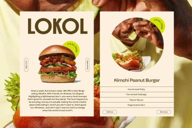 LOKOL brand identity design showcasing a gourmet burger advertisement with typography and food photography layouts on a cream background.