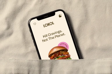 A smartphone displaying the LOKOL brand interface resting inside a woven textured fabric pocket.