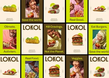 A multi-panel brand identity presentation grid displaying food photography, typography, and promotional posters for LOKOL.