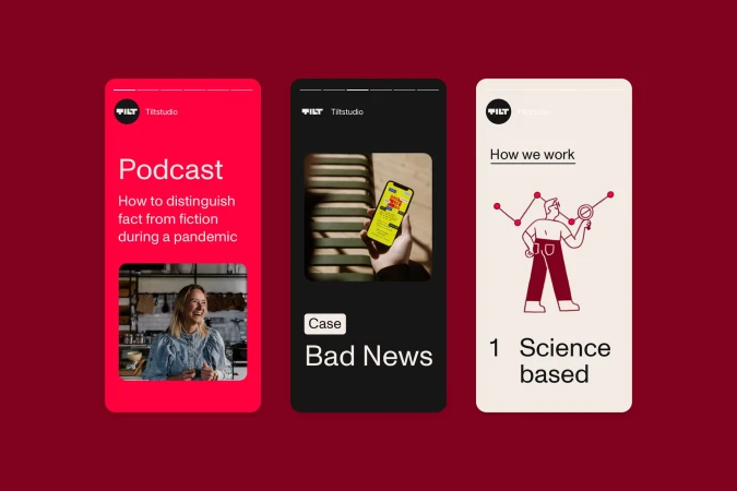 Three digital screens showcase mobile content, featuring a podcast promotion with a smiling woman, a news case study, and an illustrated science concept.