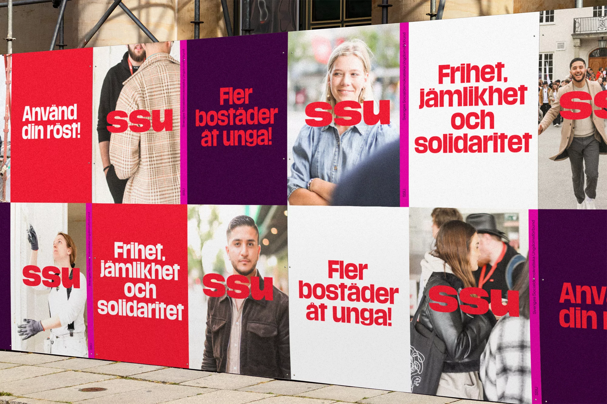 Several posters on a wall feature images of people, with the word 'SSU' prominently displayed in red, alongside slogans and portrait photos.