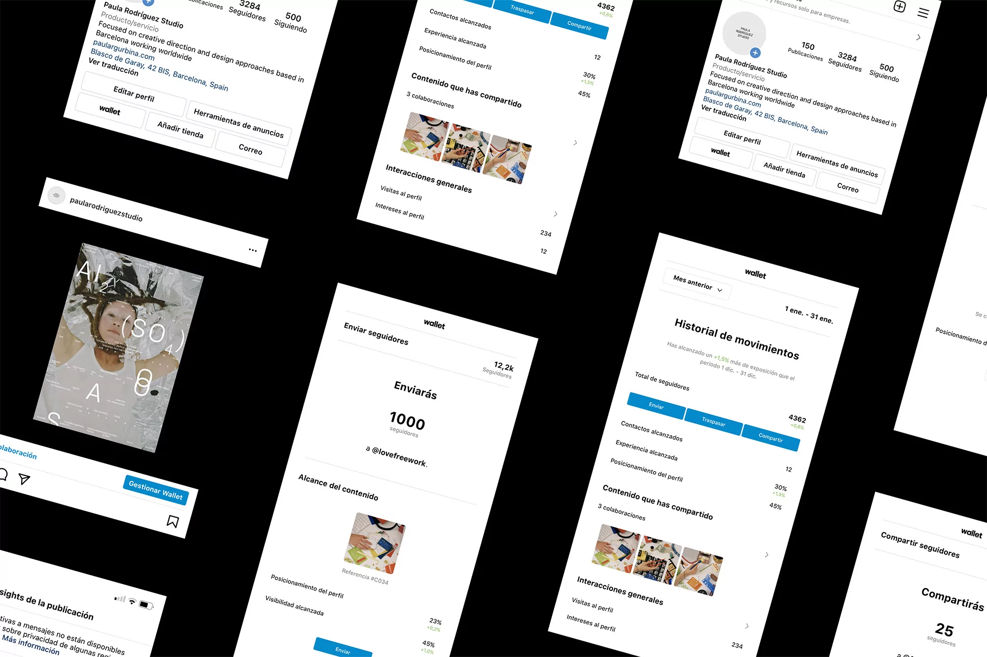 Screenshots of Instagram profiles displayed with social media layouts and interface elements on black background.