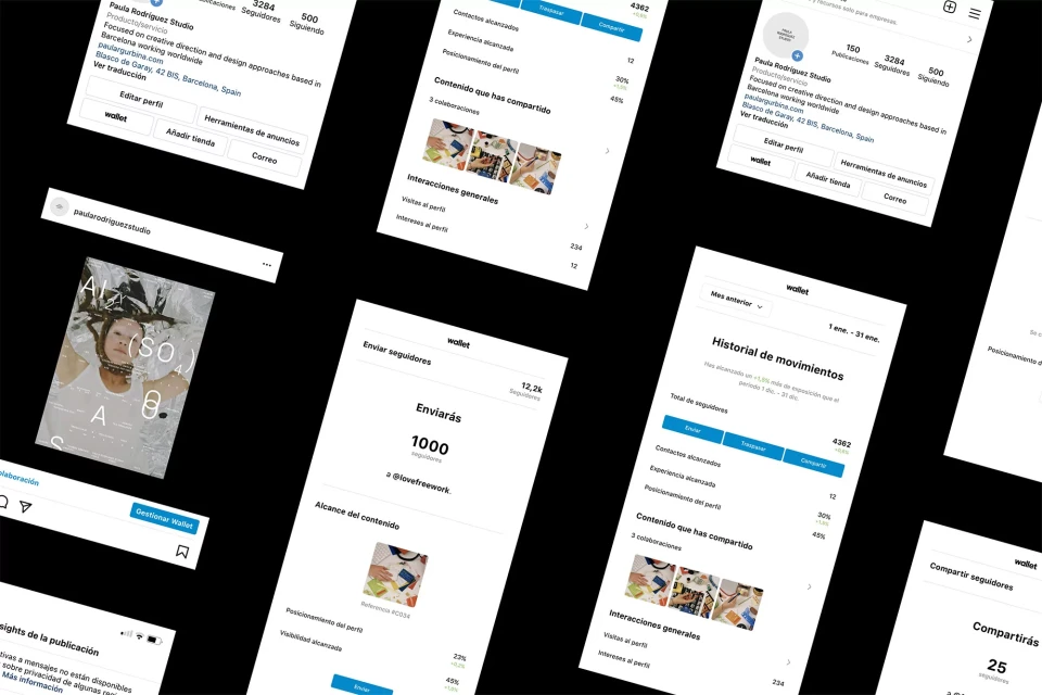 Screenshots of Instagram profiles displayed with social media layouts and interface elements on black background.