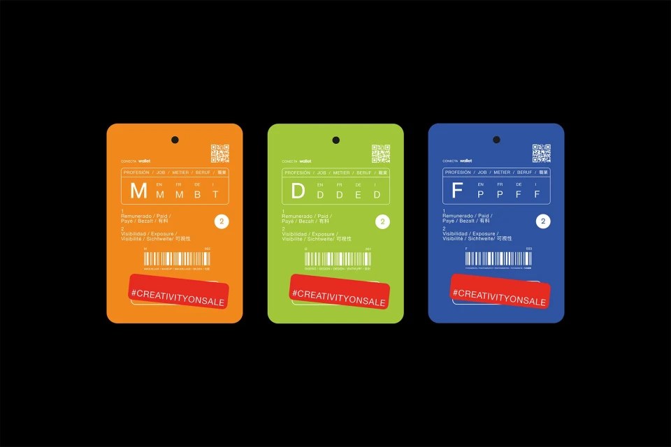 Three tags in orange, green, and blue with QR codes and the text '#CREATIVITYONSALE' on black background; business and finance concept.