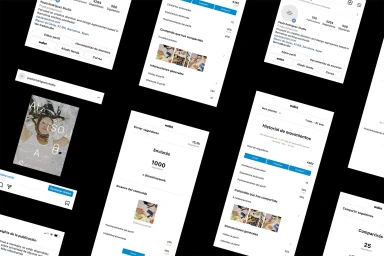 Multiple smartphone mockup screens displaying social media profile analytics and interface layouts against a black background