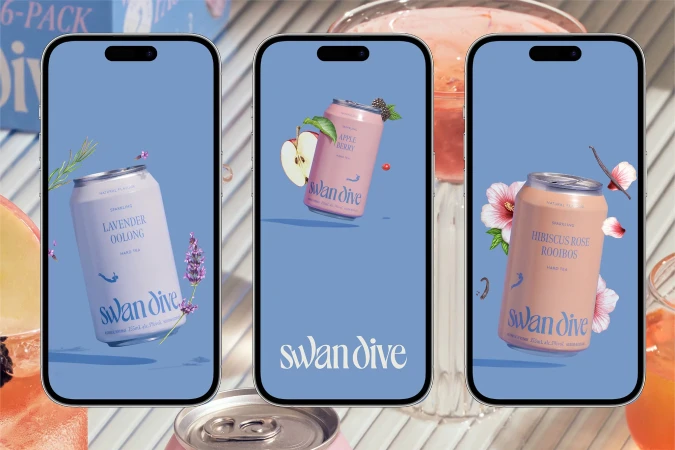Three Swan Dive hard tea cans are displayed on phone screens, showcasing Lavender Oolong, Apple Berry, and Hibiscus Rose Rooibos flavors.