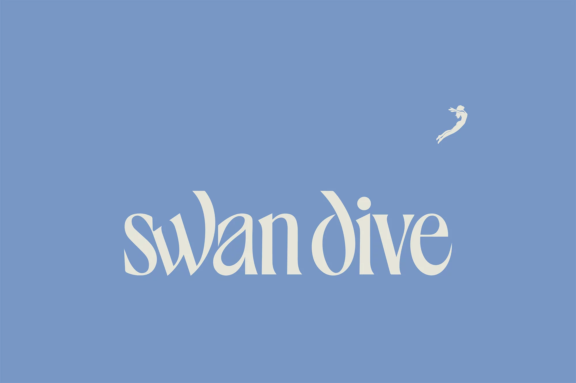 Swan Dive brand identity wordmark in cream typography with a diving figure on a blue background