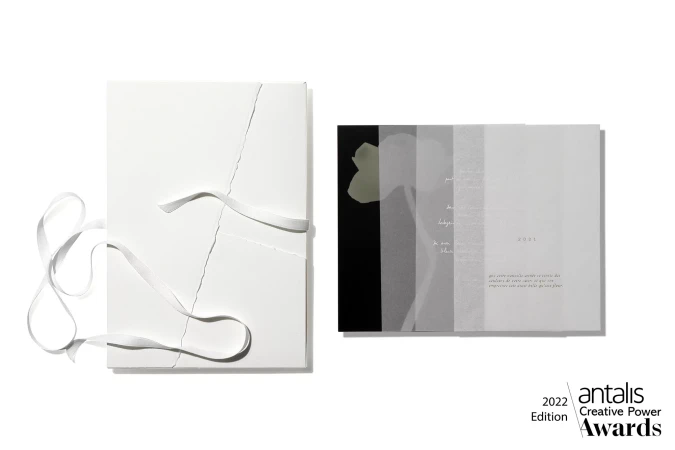 White textured folder tied with white ribbon next to layered translucent paper sheets with botanical imagery.