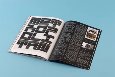 An open magazine layout featuring bold stylized typography and columns of text resting on a light blue surface