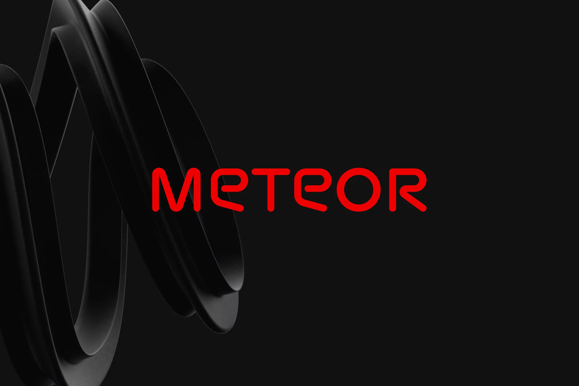 Abstract dark background with a black twisting form and red 'Meteor' text against a stark, contrasting backdrop. Rendered graphic.