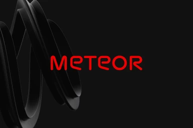 Red brand typography and black 3D sculptural spiral rings against a dark background