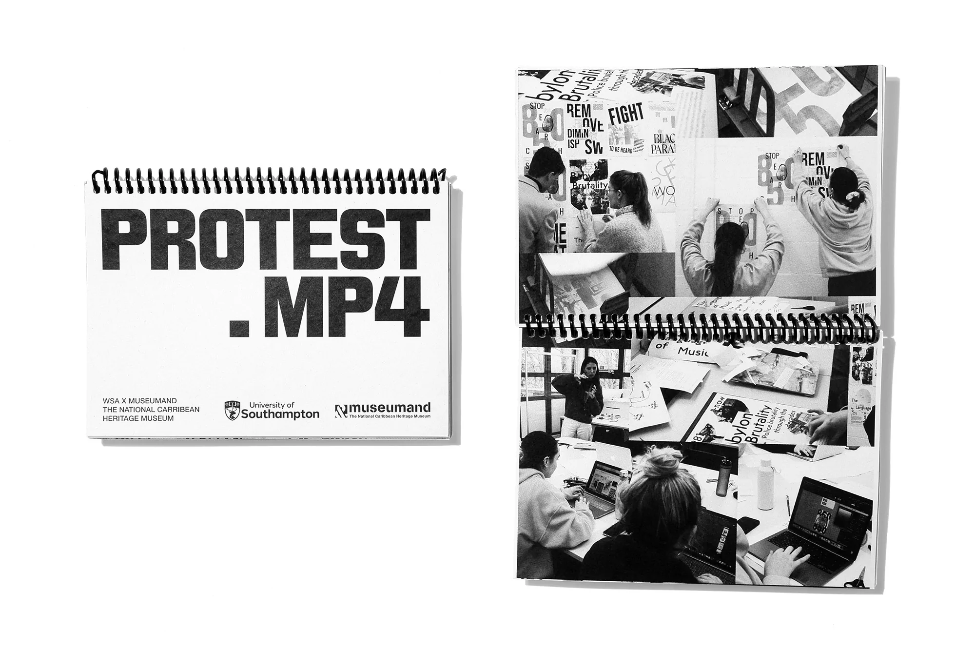 A monochrome image features two ring-bound notebooks. The first displays 'PROTEST .MP4' in bold, followed by organization logos. The second notebook showcases a collage.