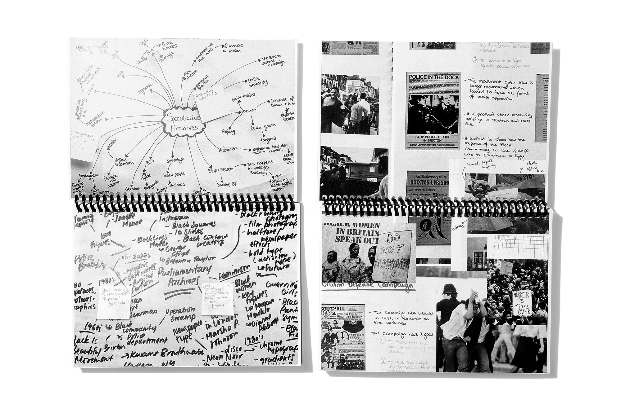 Collage of pages from spiral notebooks, displaying hand-drawn mind maps, newspaper clippings, and handwritten text in black and white.